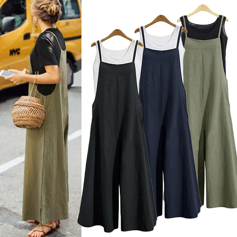 Women Cotton Blend Jumpsuit Sleeveless Wide Leg Dungaree Overalls