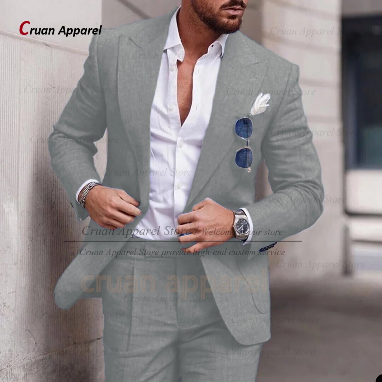 Men's Linen Suit Set With Peaked Lapel Blazer Pants