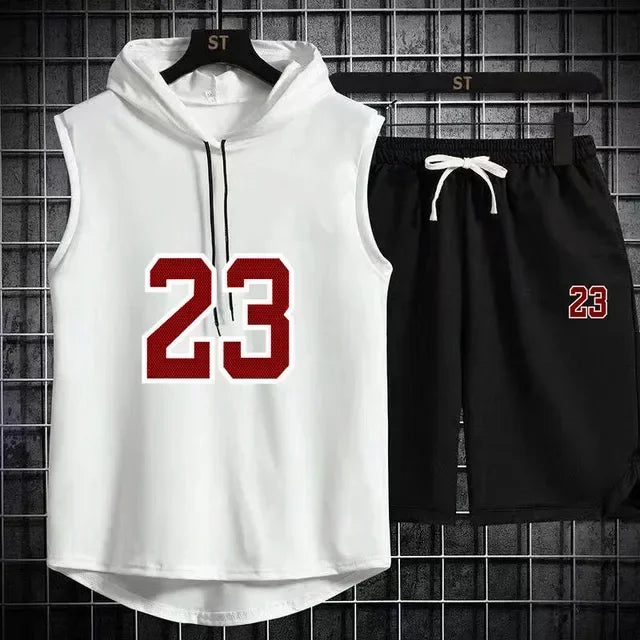 Summer Mens Sleeveless Hooded T Shirt And Shorts Set