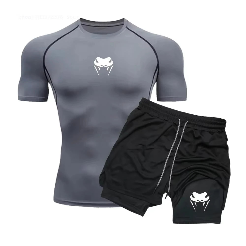 Men Quick Dry Compression Running With Short Sleeve Top Shorts