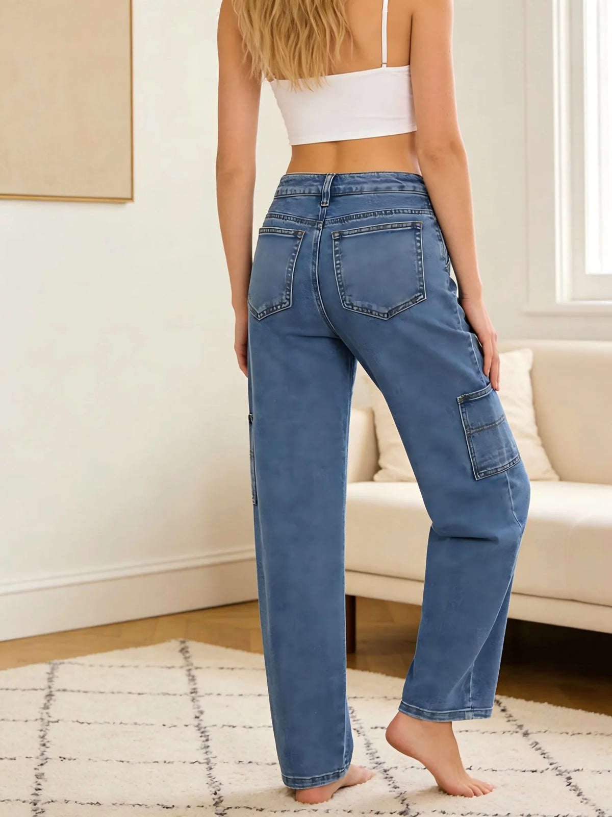 HME Women's High Waist Cargo Pocket Straight Leg Denim Jeans
