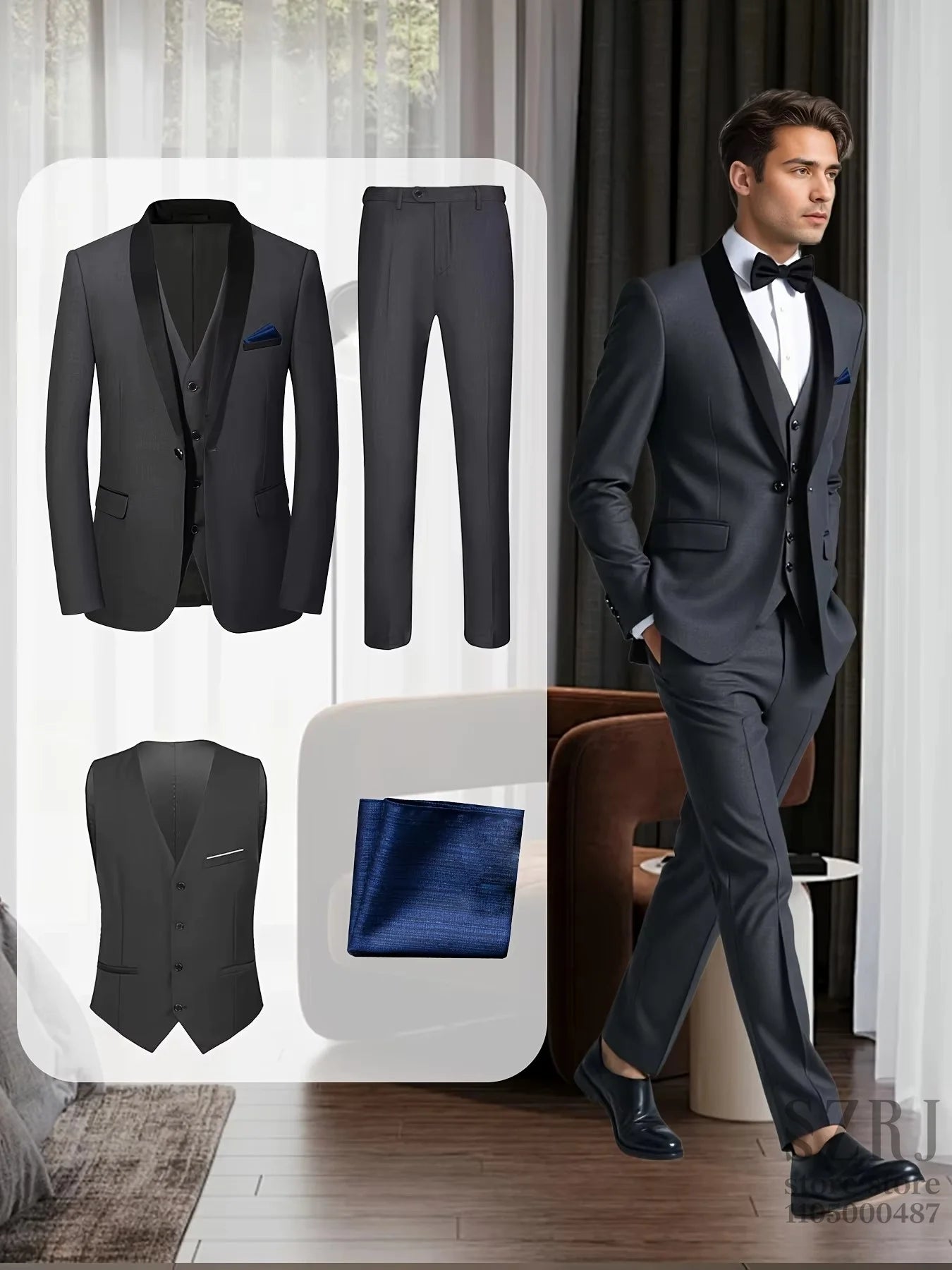 Mens Tuxedo 4 Piece Suit Jacket Vest Pants Pocket Square
