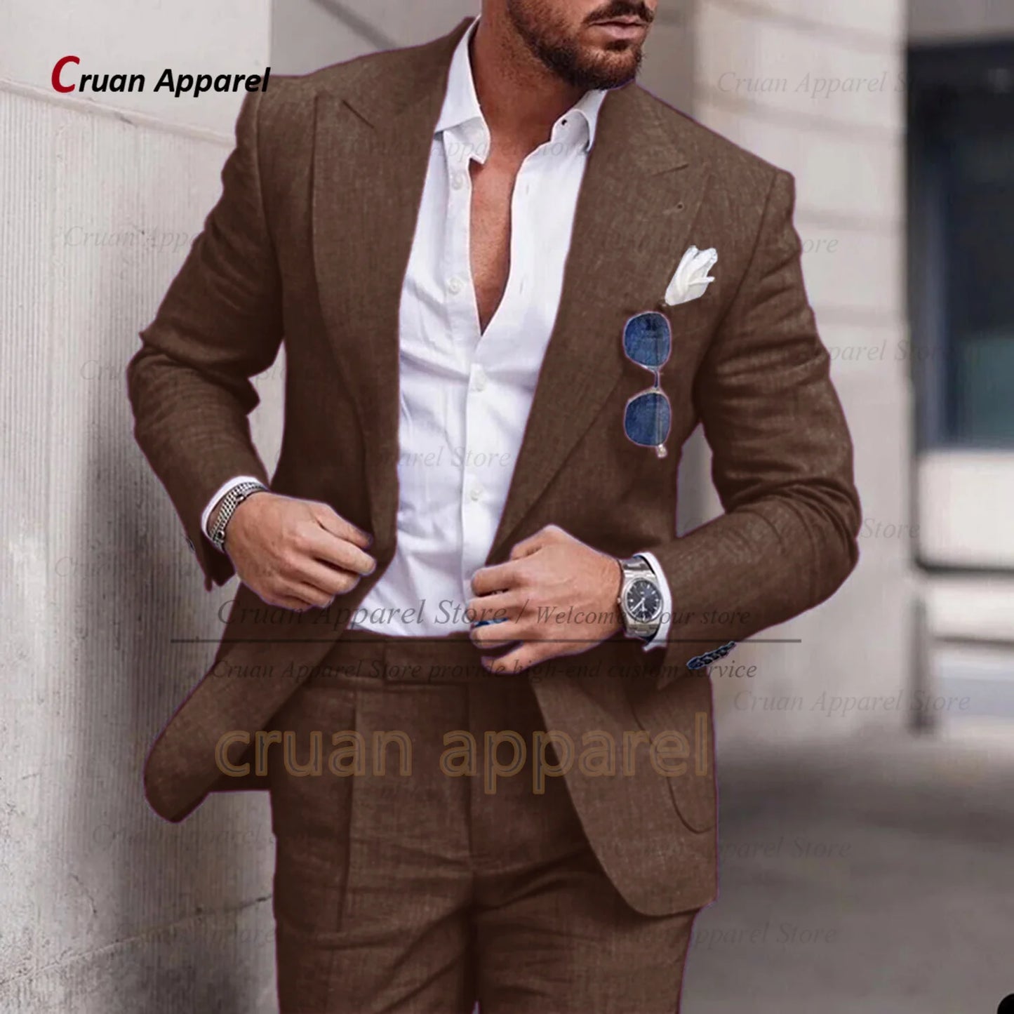Men's Linen Suit Set With Peaked Lapel Blazer Pants