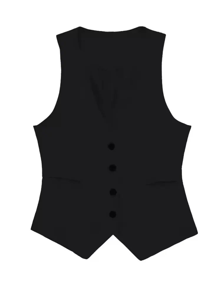 HH Women Fitted Solid Vest Top V Neck Button Streetwear