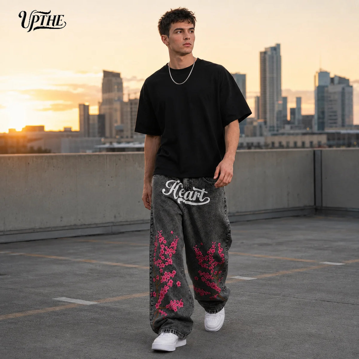 UPTHE Men's Embroidered Baggy Wide Leg Denim Jeans