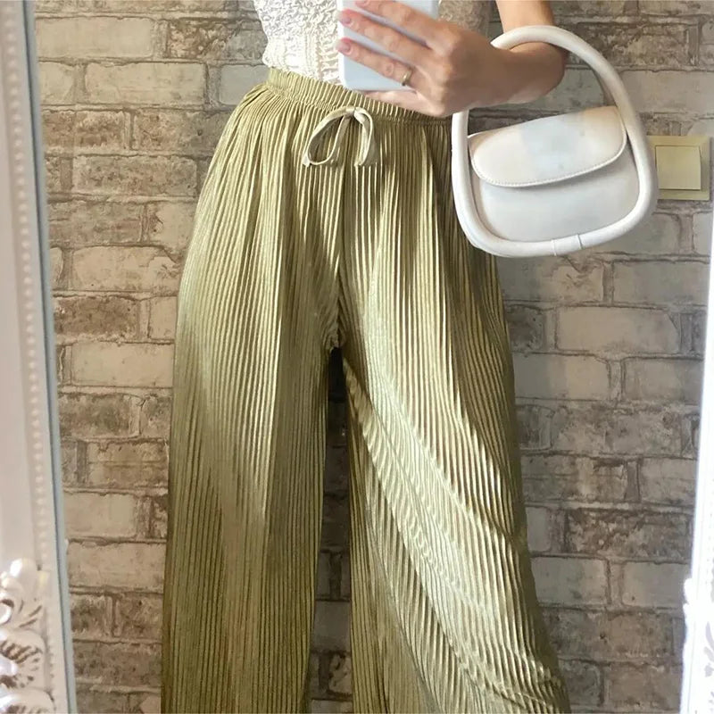 Women's Ice Silk Pleated Loose Wide Leg Trousers Casual Wear
