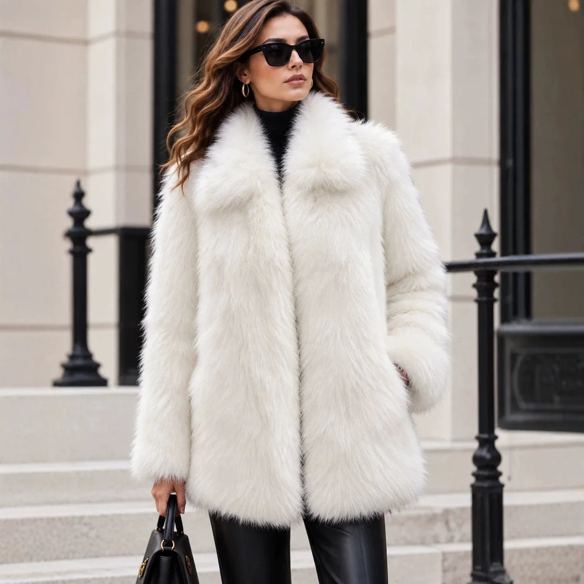 Women's Elegant Faux Fur Lapel Coat With Plush Warmth