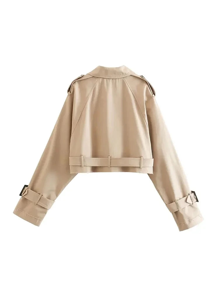 Nlzgmsj Belt Cropped Trench Coat Women Double Breasted Outerwear