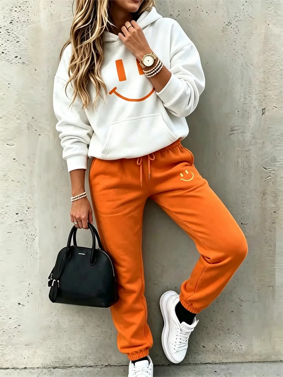 Women Smile Face Casual Hoodie And Jogger Tracksuit Set
