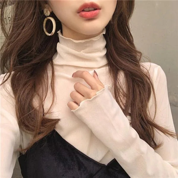 TDFunlive High Neck Lace Blouse See Through Long Sleeve