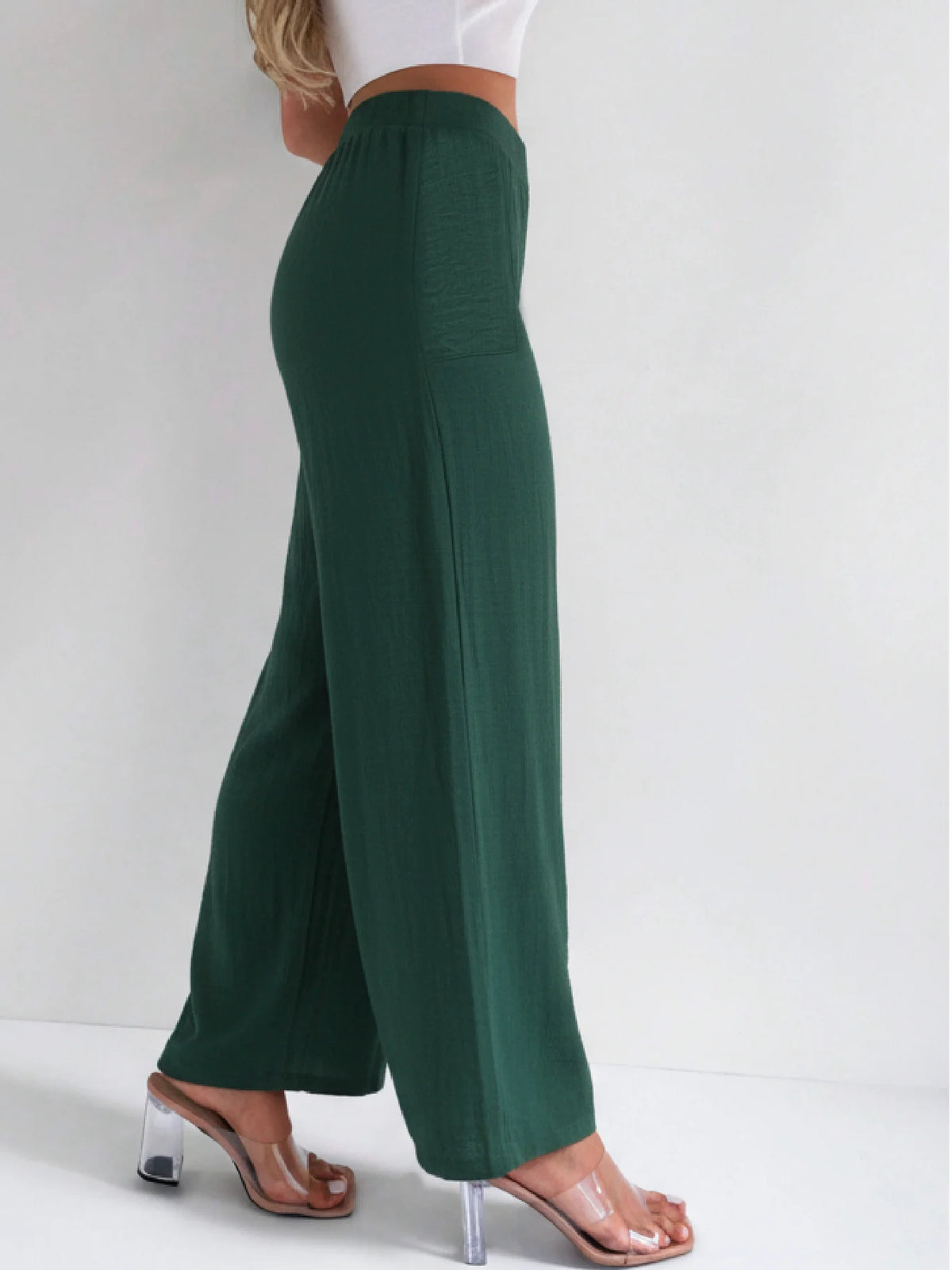 Womens Textured High Waist Wide Leg Trousers With Pockets