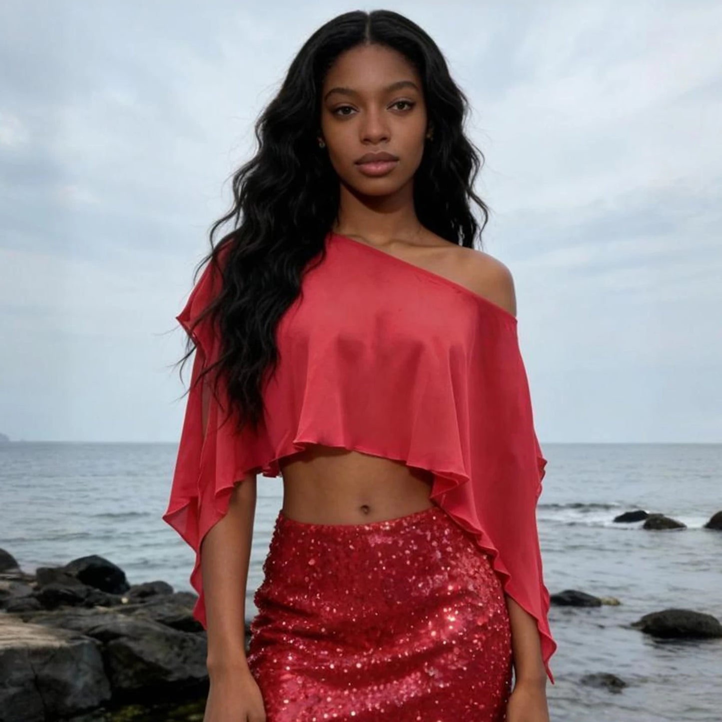 Chiffon Poncho Top Off Shoulder Loose Fit Cover Up Blouse