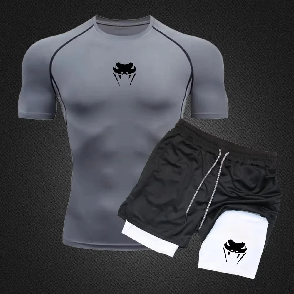 Men Quick Dry Compression Running With Short Sleeve Top Shorts