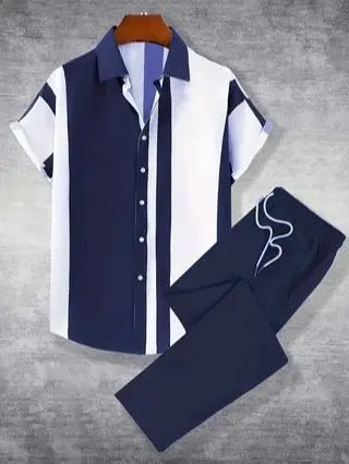 Men's Summer 2-Piece Printed Shirt and Pants Travel Set