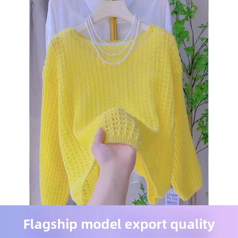 Women Thin Hollow Long Sleeve Knitted Sweater Spring Summer Top