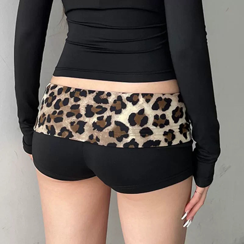 MAXAKG Contrast Patchwork Leopard Low Waist Booty Shorts