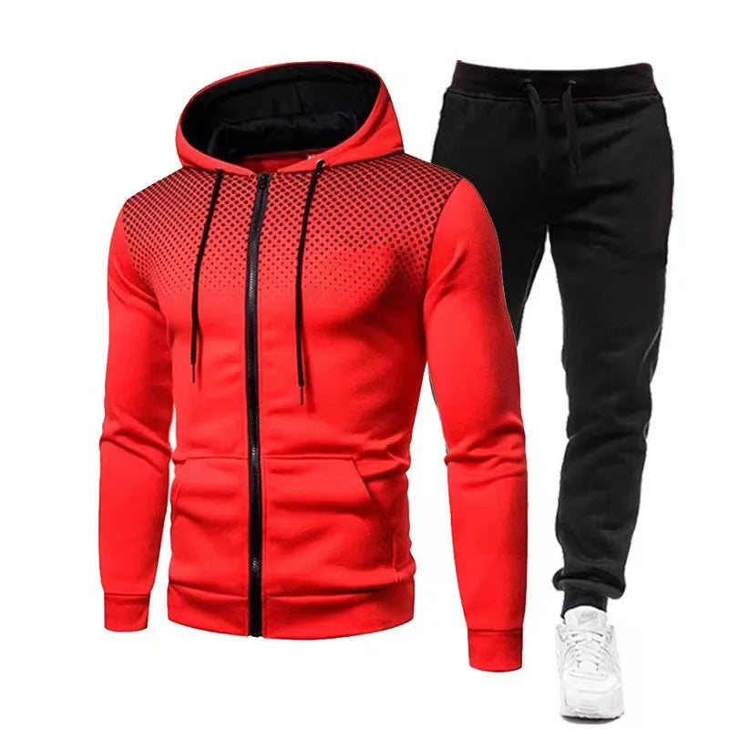 Fashion Print Tracksuit For Men Zipper Hooded Sweatshirt And Sweatpants