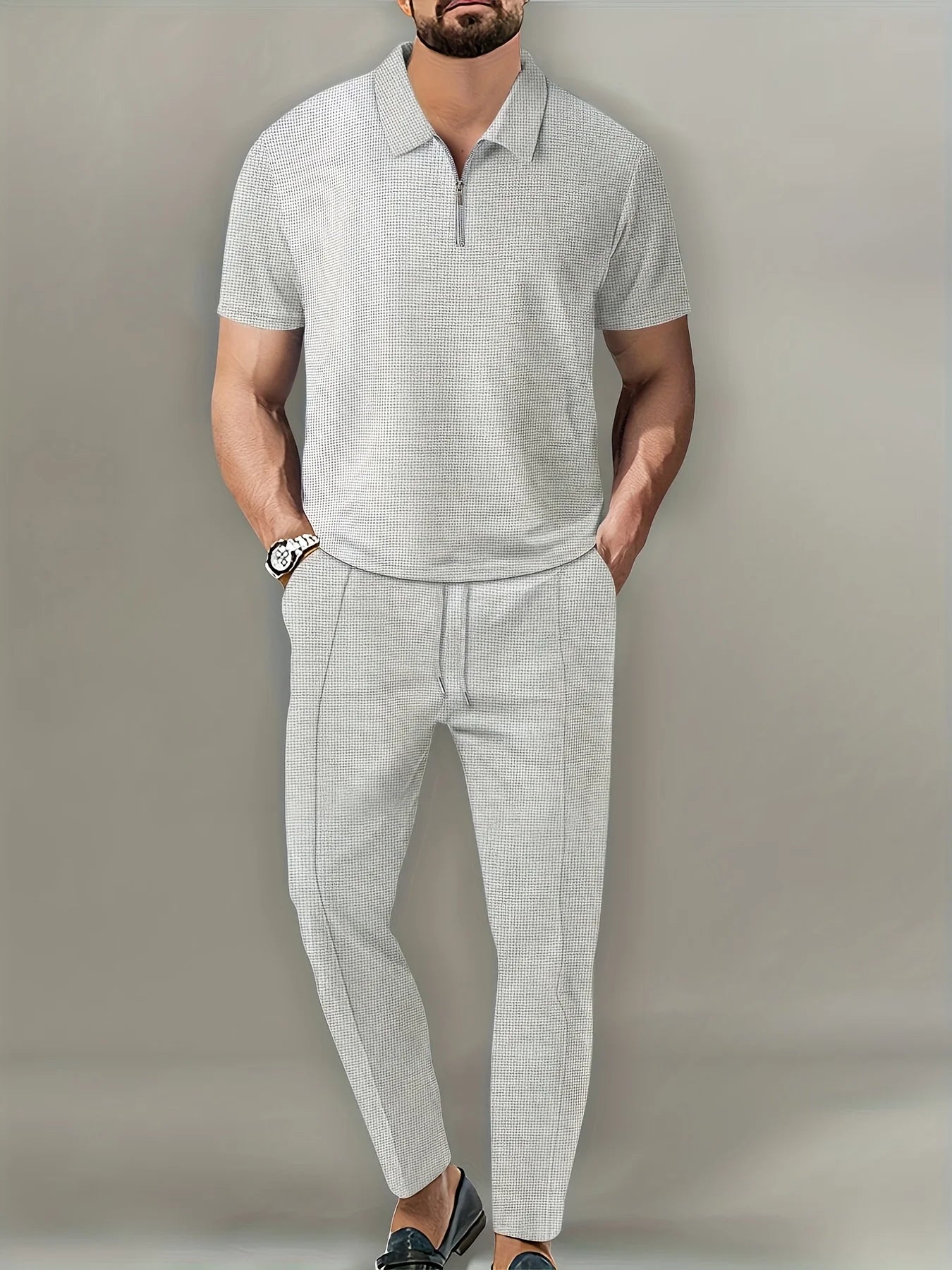 Men's Waffle Lapel Short Sleeve Zipper Pants Set Casual Wear