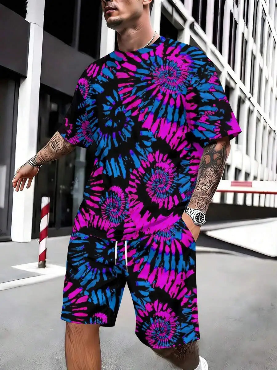 Mens Tie-Dye Two-Piece Short Sleeve Tee And Shorts Set