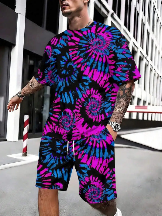 Mens Tie-Dye Two-Piece Short Sleeve Tee And Shorts Set