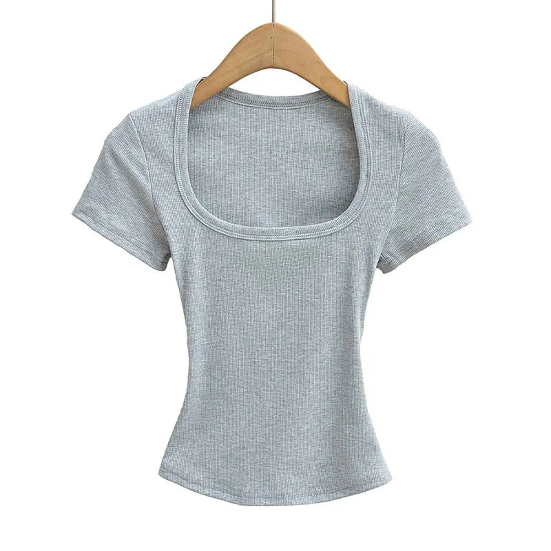 Dozw Square Collar High Stretch Summer Crop Top For Women Slim Fit Short Sleeve