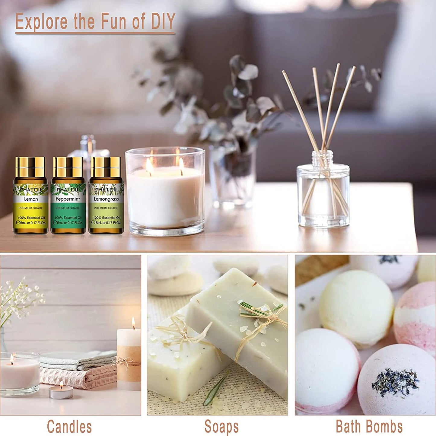 PHATOIL 12 Piece Gift Box Essential Oils Lavender Rose Lemongrass