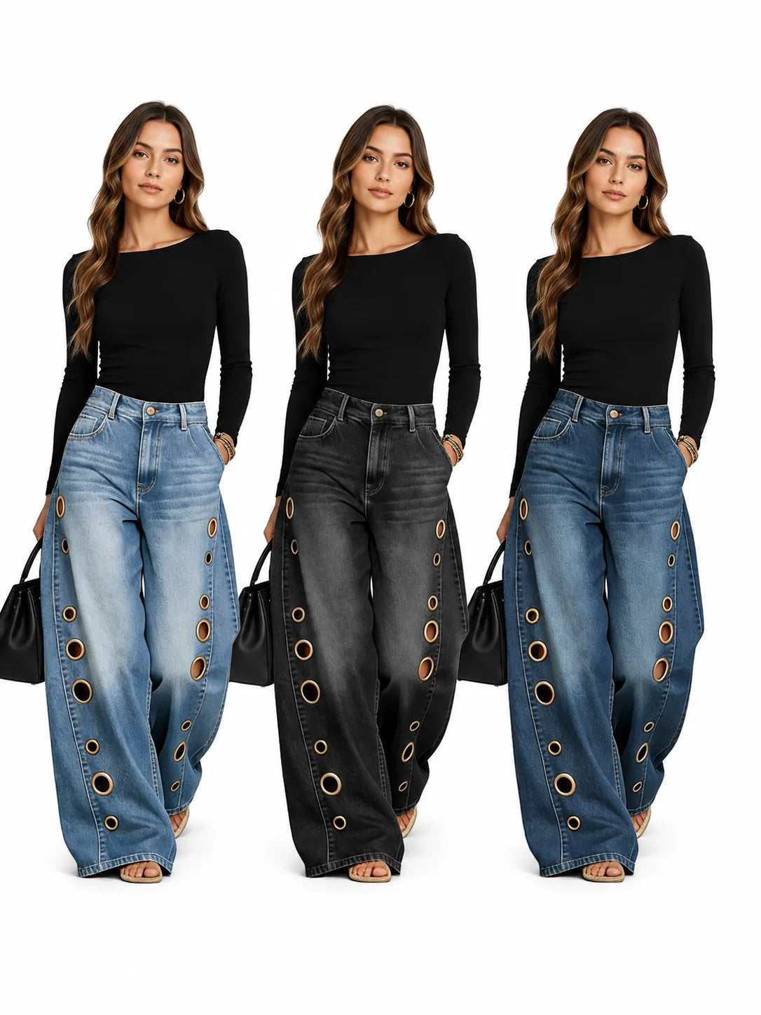 Women High Waist Wide Leg Cutout Denim Jeans With Pockets