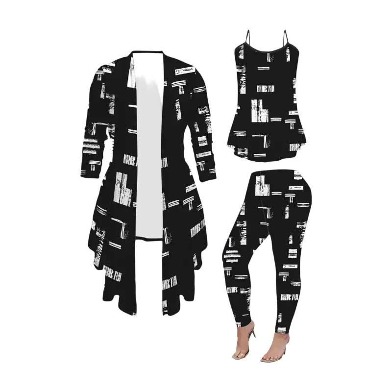 Womens Long Sleeve Geometric Three Piece Cardigan Cami Pants Set