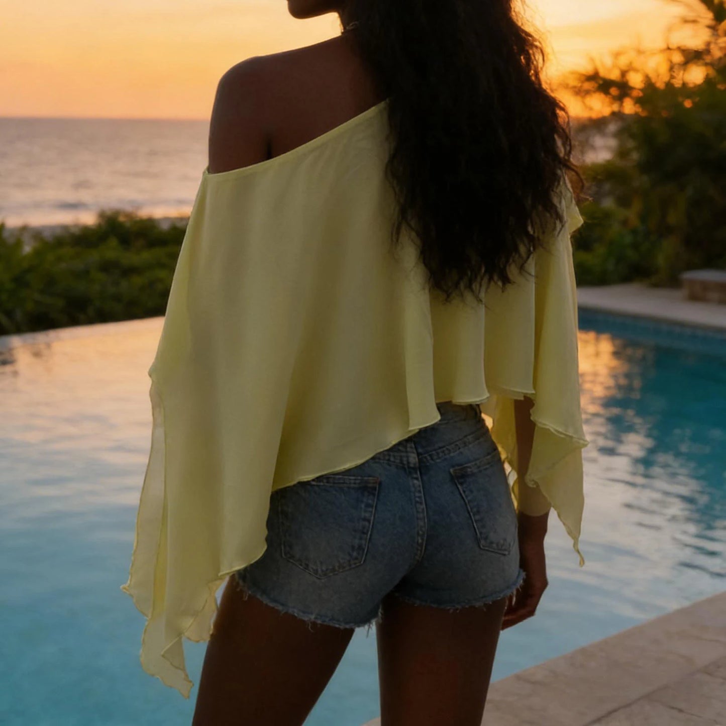Chiffon Poncho Top Off Shoulder Loose Fit Cover Up Blouse