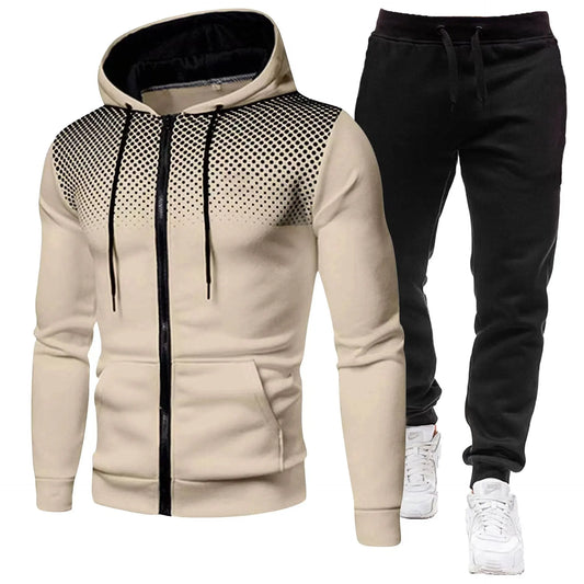 Fashion Print Tracksuit For Men Zipper Hooded Sweatshirt And Sweatpants