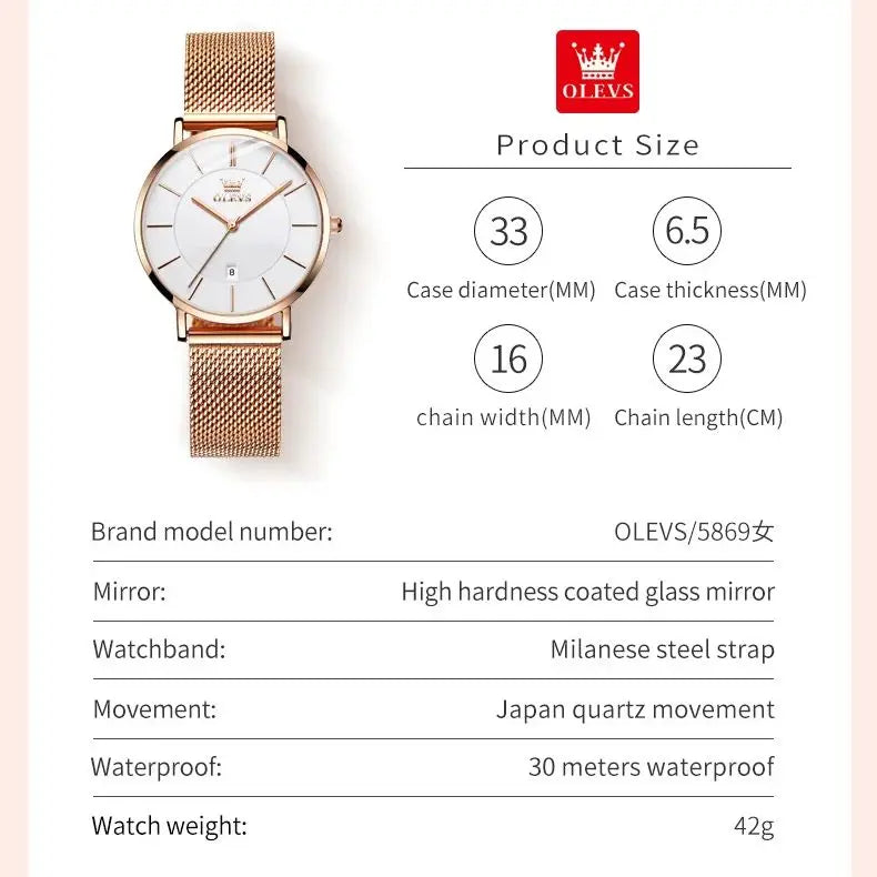 OLEVS Women's Ultra Thin Quartz Watch With Calendar And Waterproof