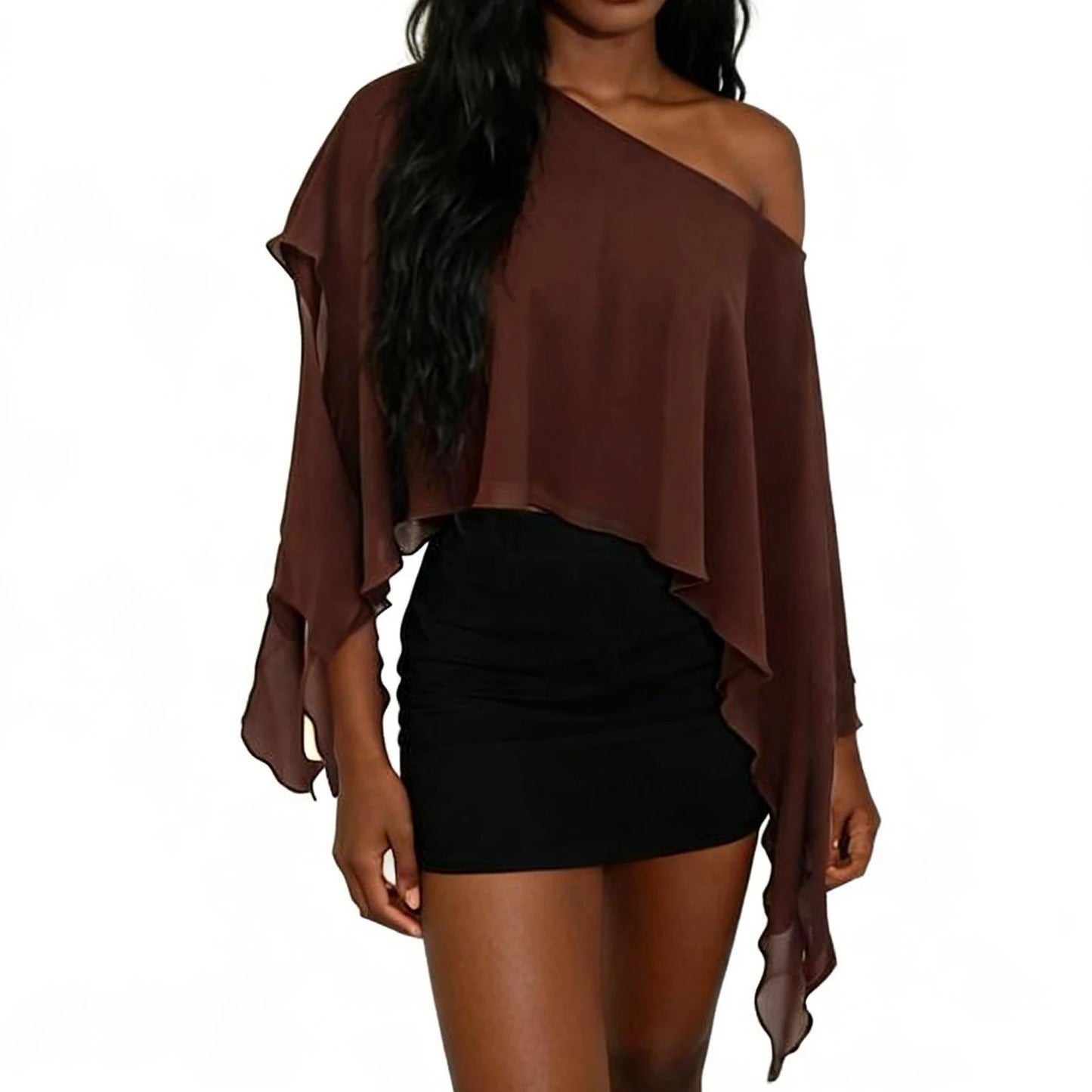 Chiffon Poncho Top Off Shoulder Loose Fit Cover Up Blouse