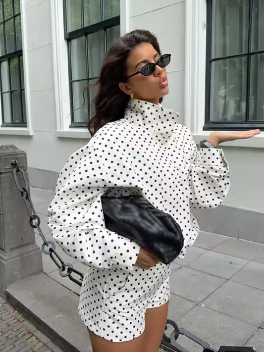 Jadoutin Women Spring Jacket Turtleneck Zipper Pockets Drawstring Polka Dot