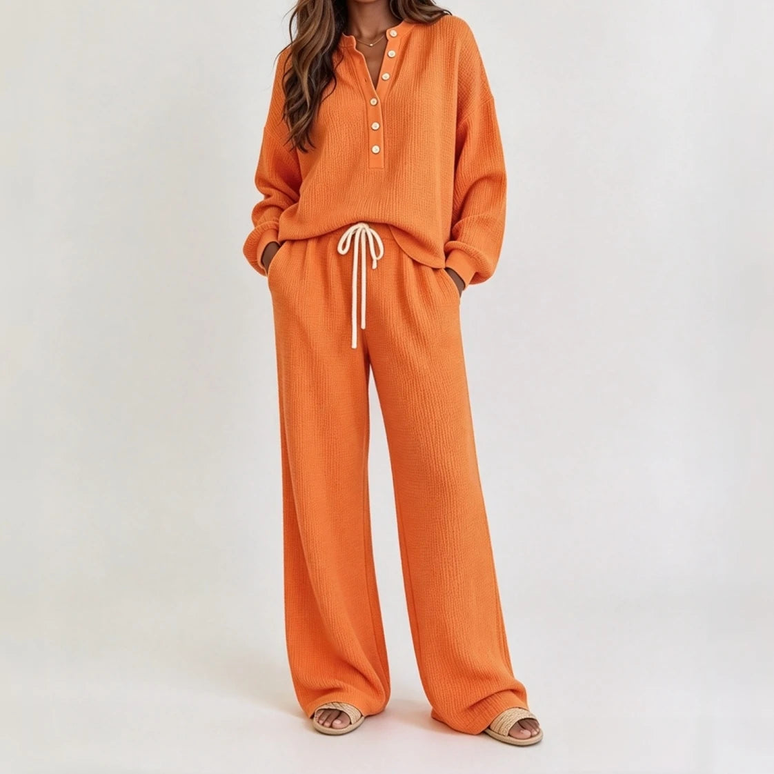 SCACTO Women's Waffle Knit Henley Lounge Set And Wide-Leg Pants