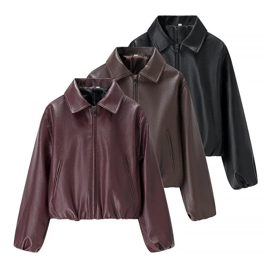 Women's Long Sleeve Leather Jacket With Turn Down Collar