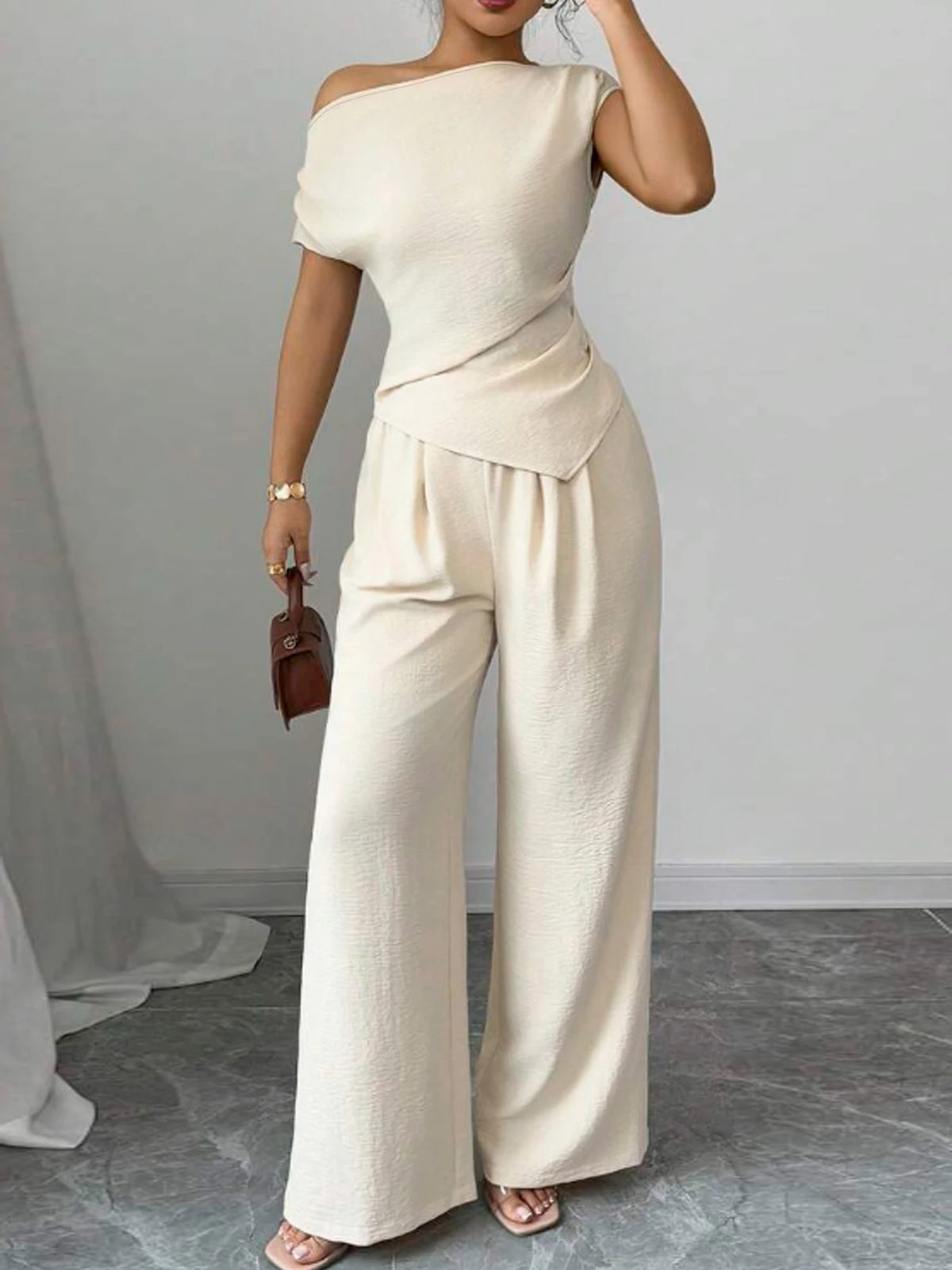 Ladies Asymmetric Top And Wide Leg Pants Two Piece Set