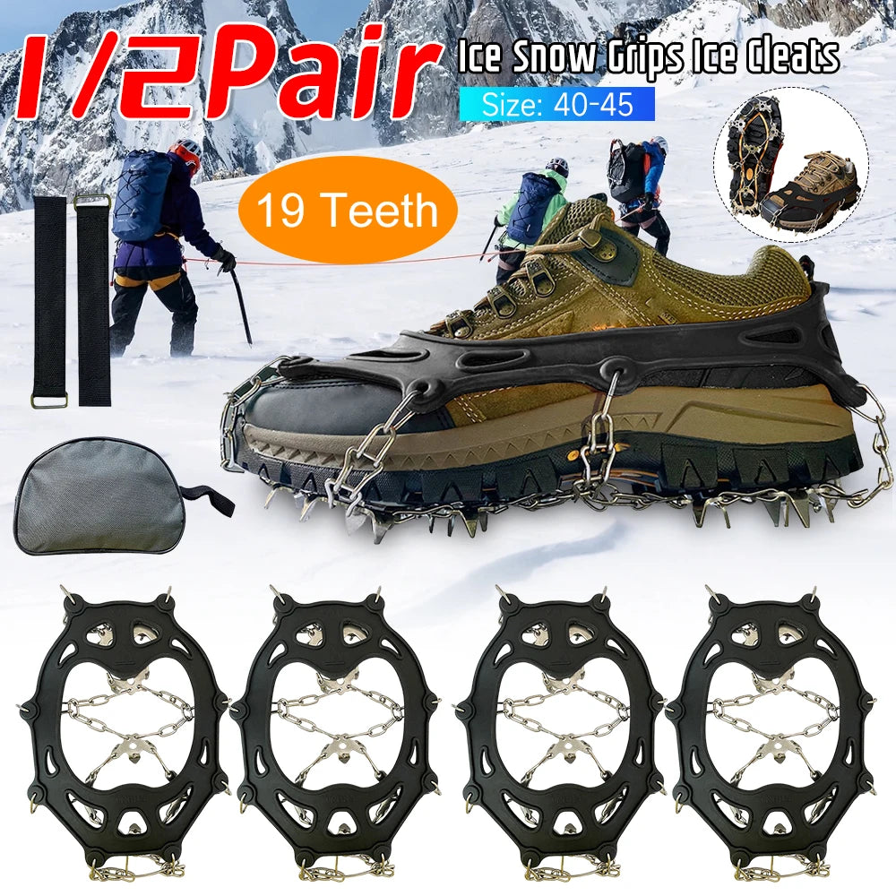 1/2Pair 19 Teeth Snow Spikes Crampons Anti Slip Ice Gripper Cleats Chain Claws for Hiking Climbing Fishing Walking Boots Cover ﻿