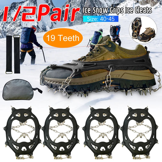 1/2Pair 19 Teeth Snow Spikes Crampons Anti Slip Ice Gripper Cleats Chain Claws for Hiking Climbing Fishing Walking Boots Cover ﻿