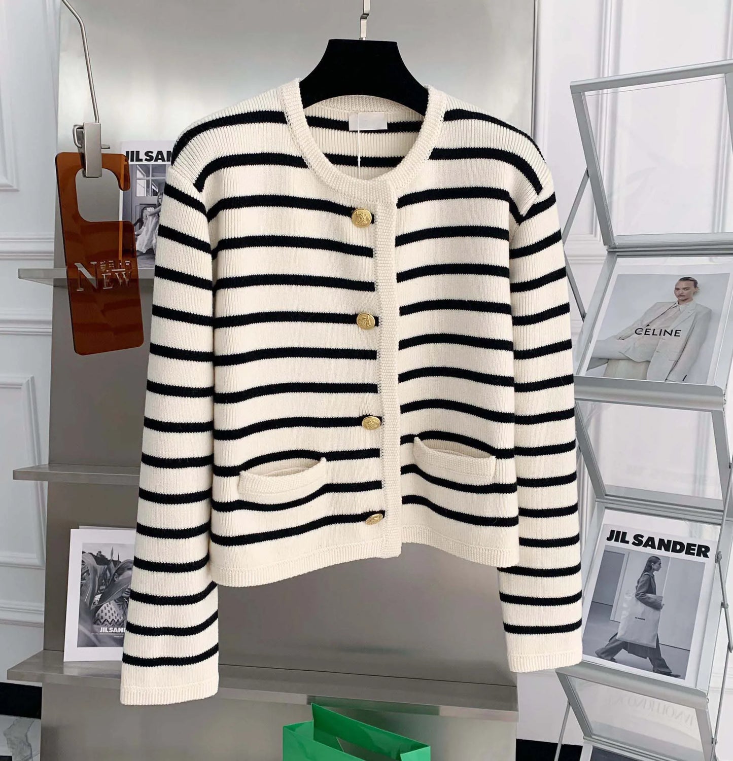 Linglsix Women Stripe Knitted Cardigan O Neck Long Sleeve