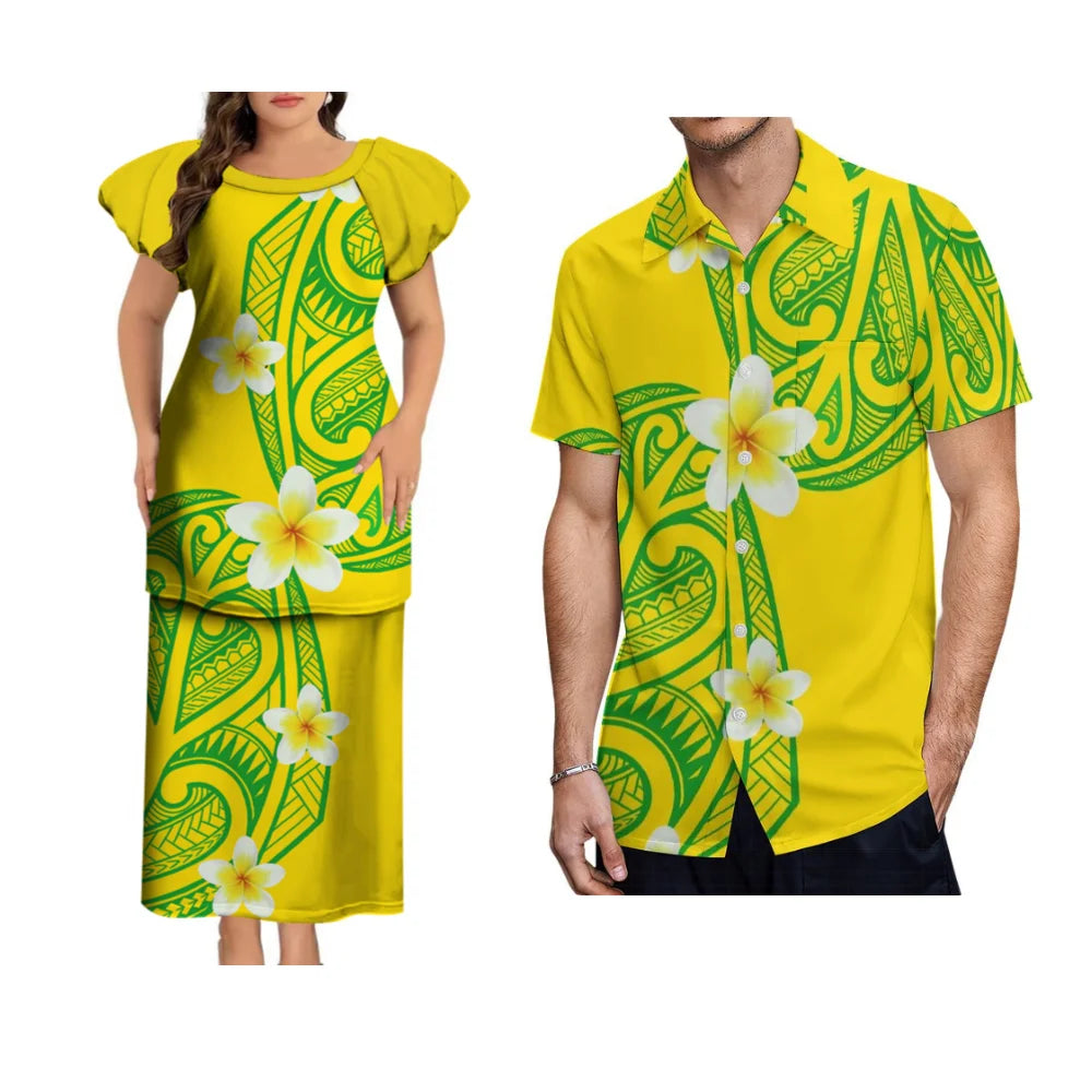 Puletasi Custom Polynesian Floral Print Long Dress Tonga Fiji Samoa Island Couple Suit Men'S Shirt Women'S Long Dress 2025 New