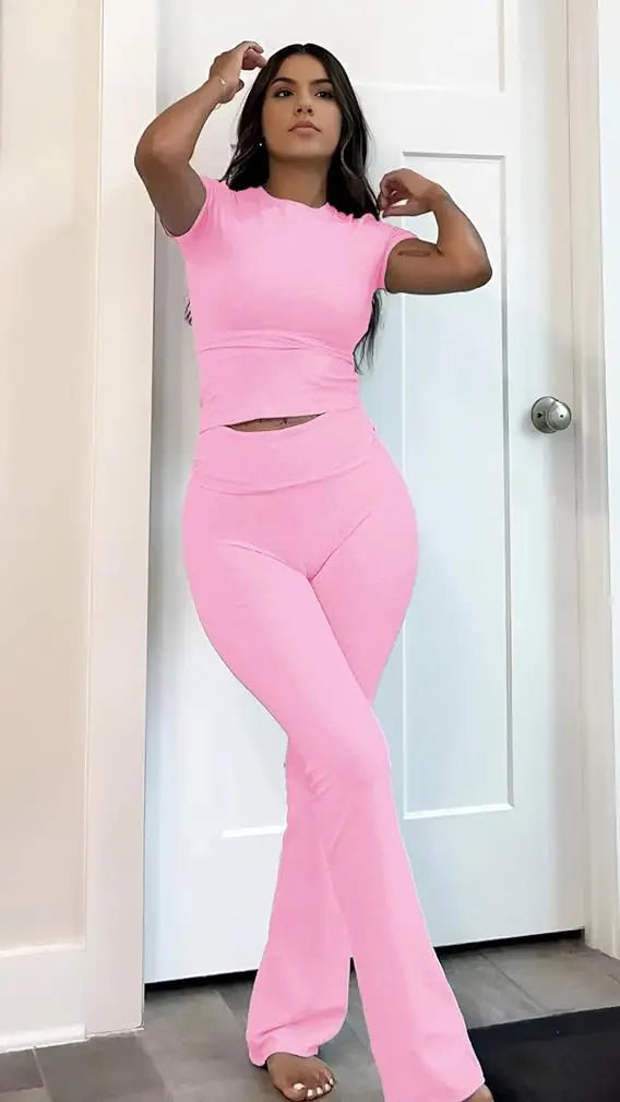 Women's Two Piece Yoga Set Short Sleeve Flared Pants
