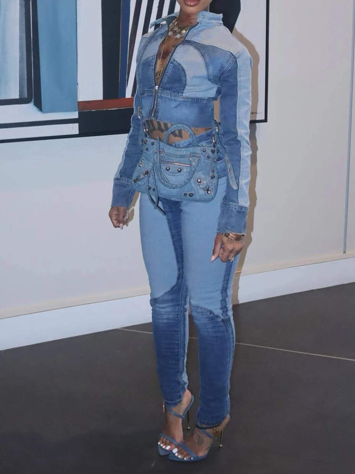 Women's Elastic Denim Two Piece Set Long Sleeve Zip Top
