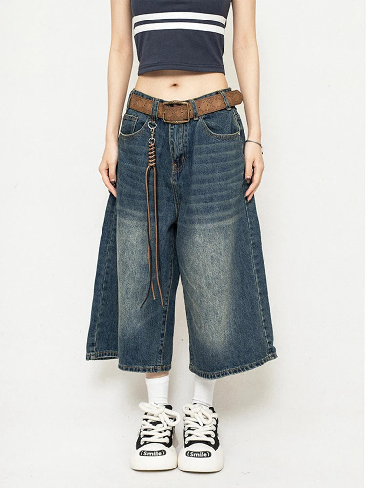 Linglsix High Waist Denim Shorts Loose Fit Harajuku Streetwear