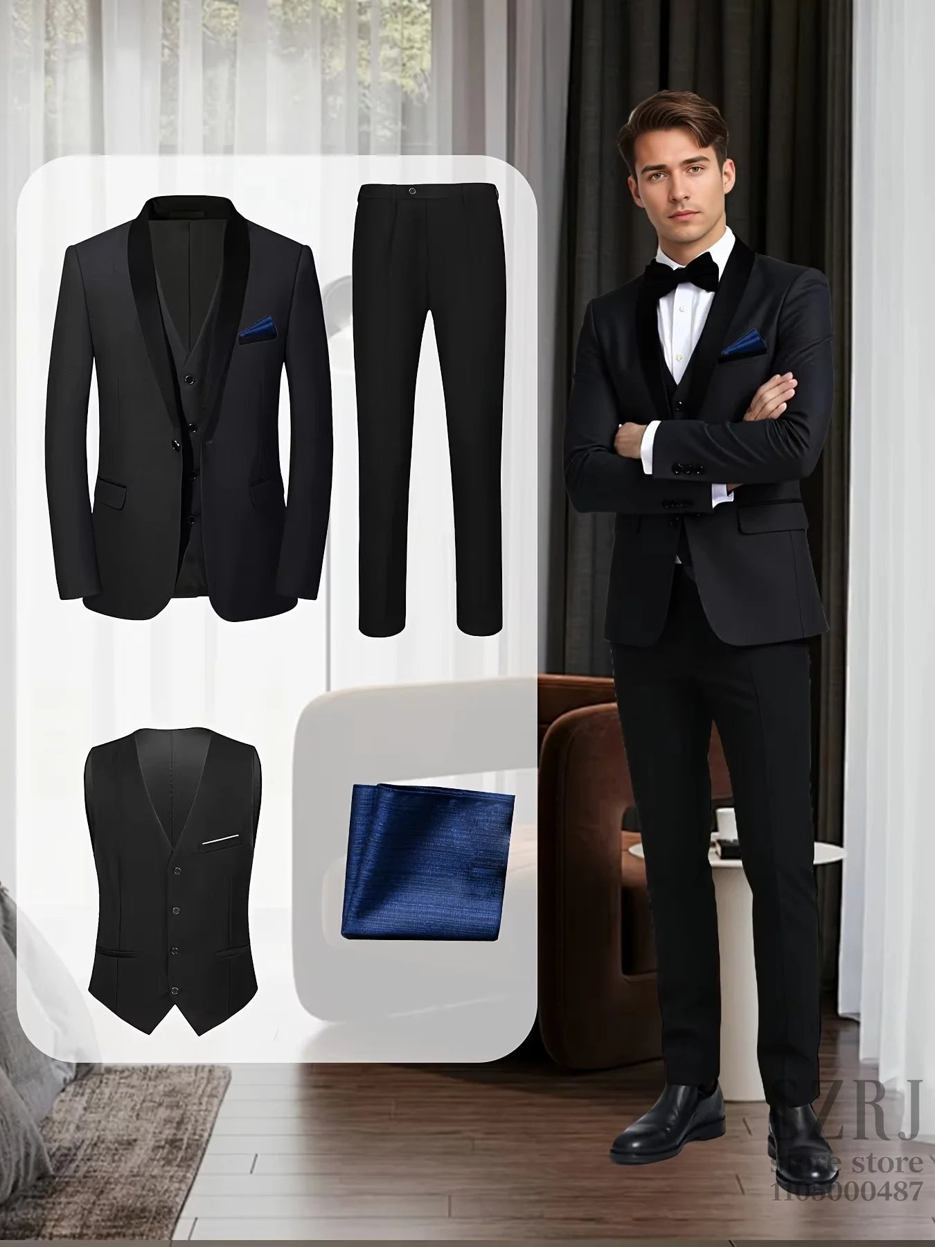 Mens Tuxedo 4 Piece Suit Jacket Vest Pants Pocket Square
