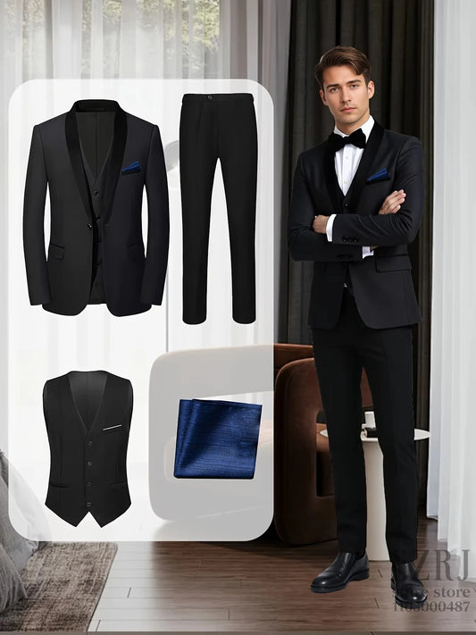 Mens Tuxedo 4 Piece Suit Jacket Vest Pants Pocket Square