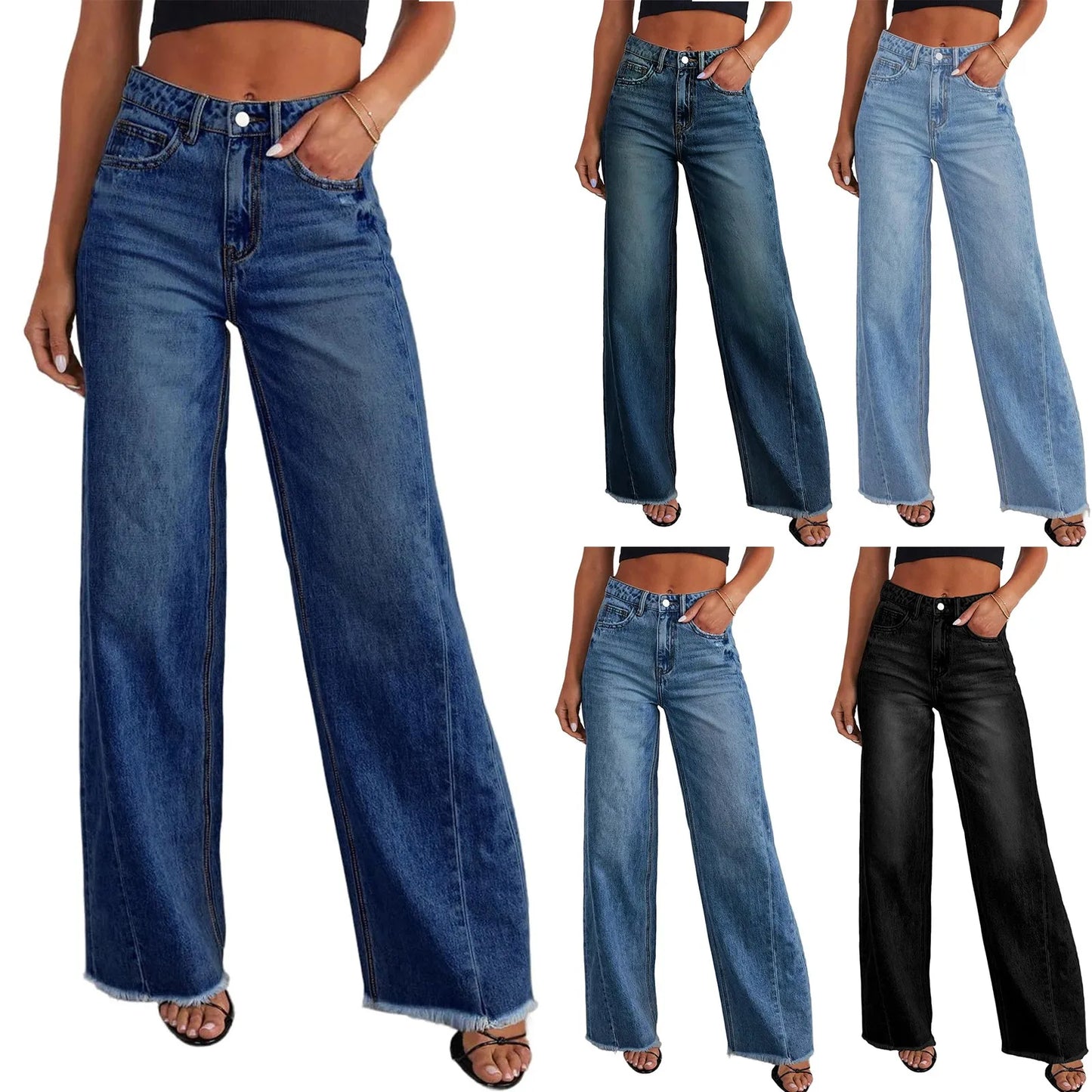 Women Wide Leg Jeans High Waist Denim Trousers With Pockets