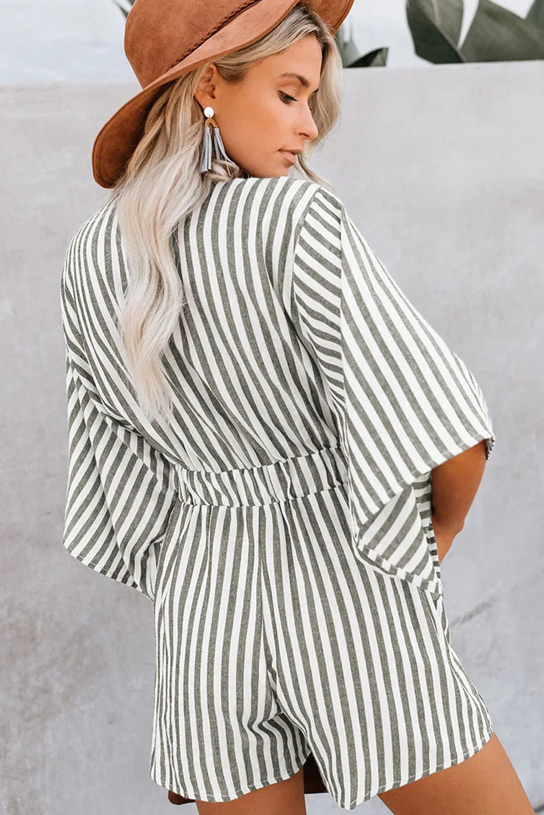 Women Striped Jumpsuit With Deep V Neck And Flared Sleeves