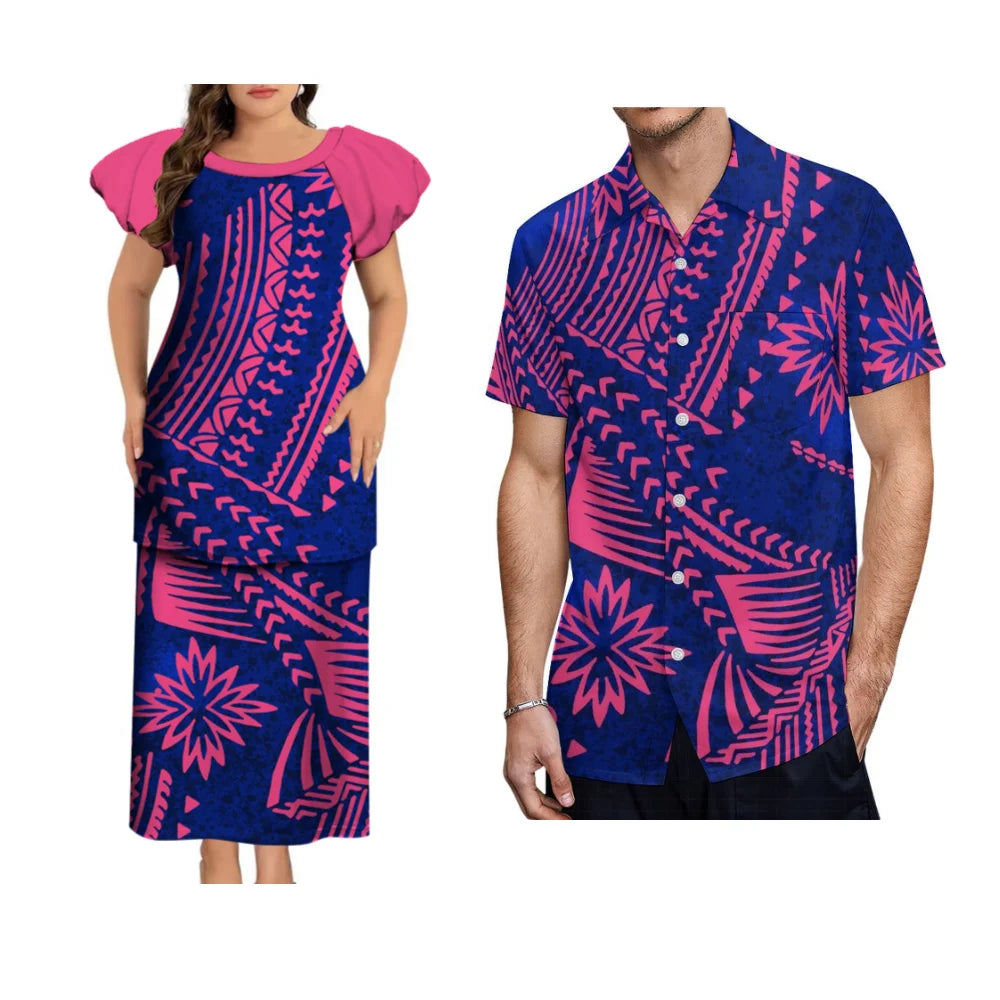 Puletasi Custom Polynesian Floral Print Long Dress Tonga Fiji Samoa Island Couple Suit Men'S Shirt Women'S Long Dress 2025 New