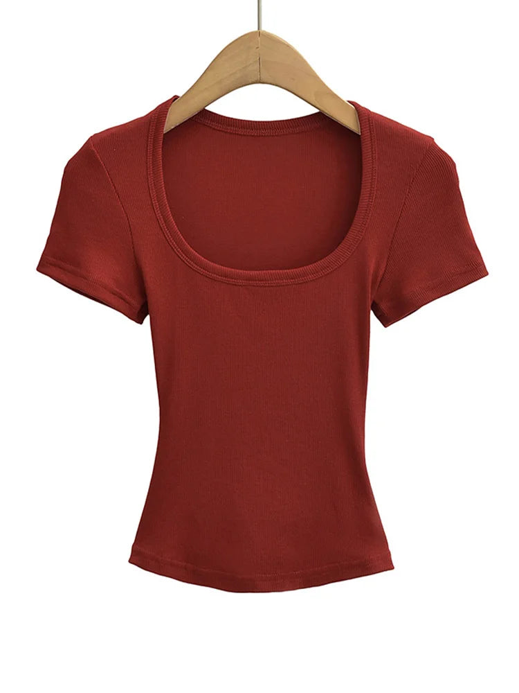 Dozw Square Collar High Stretch Summer Crop Top For Women Slim Fit Short Sleeve