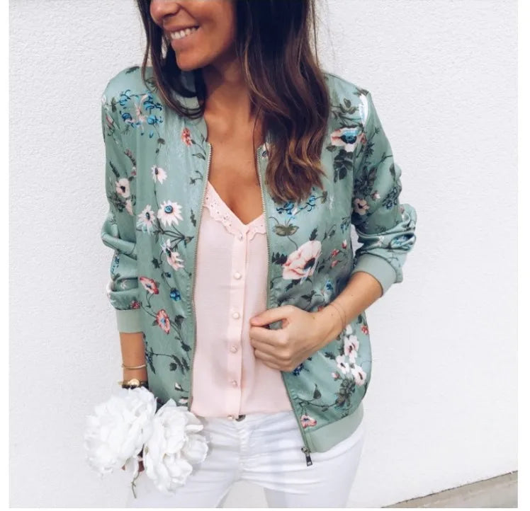 Women's Floral Zipper Bomber Jacket for Elegant Office Wear